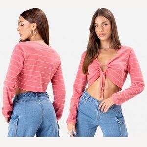 Adika Women's Hoper Ruched Center Tie-Front Long Sleeve Crop Top Pink Size XS